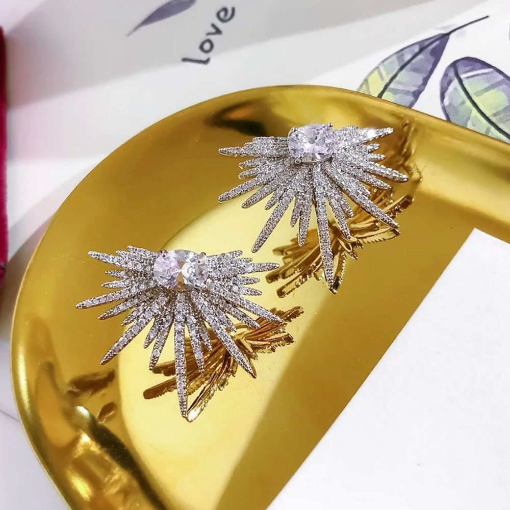 Silver Starburst Cluster Rhinestone Earrings - Picture 4 of 8